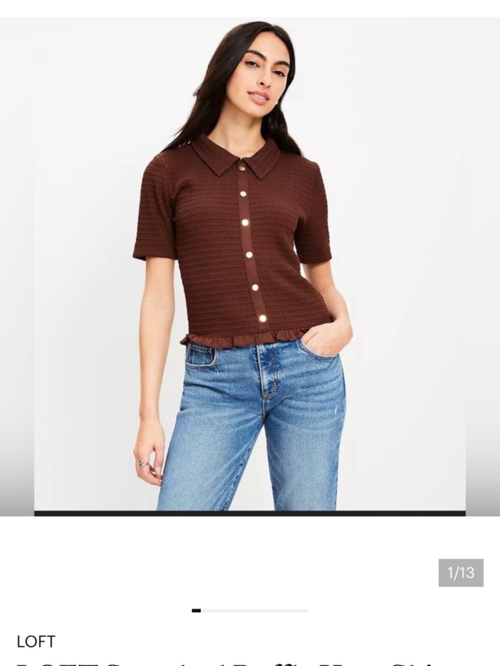 Loft Smocked Ruffle Hem Shirt Large